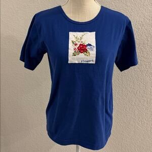 Capacity Petites Blue T-Shirt with Floral Embroidery Petite Medium